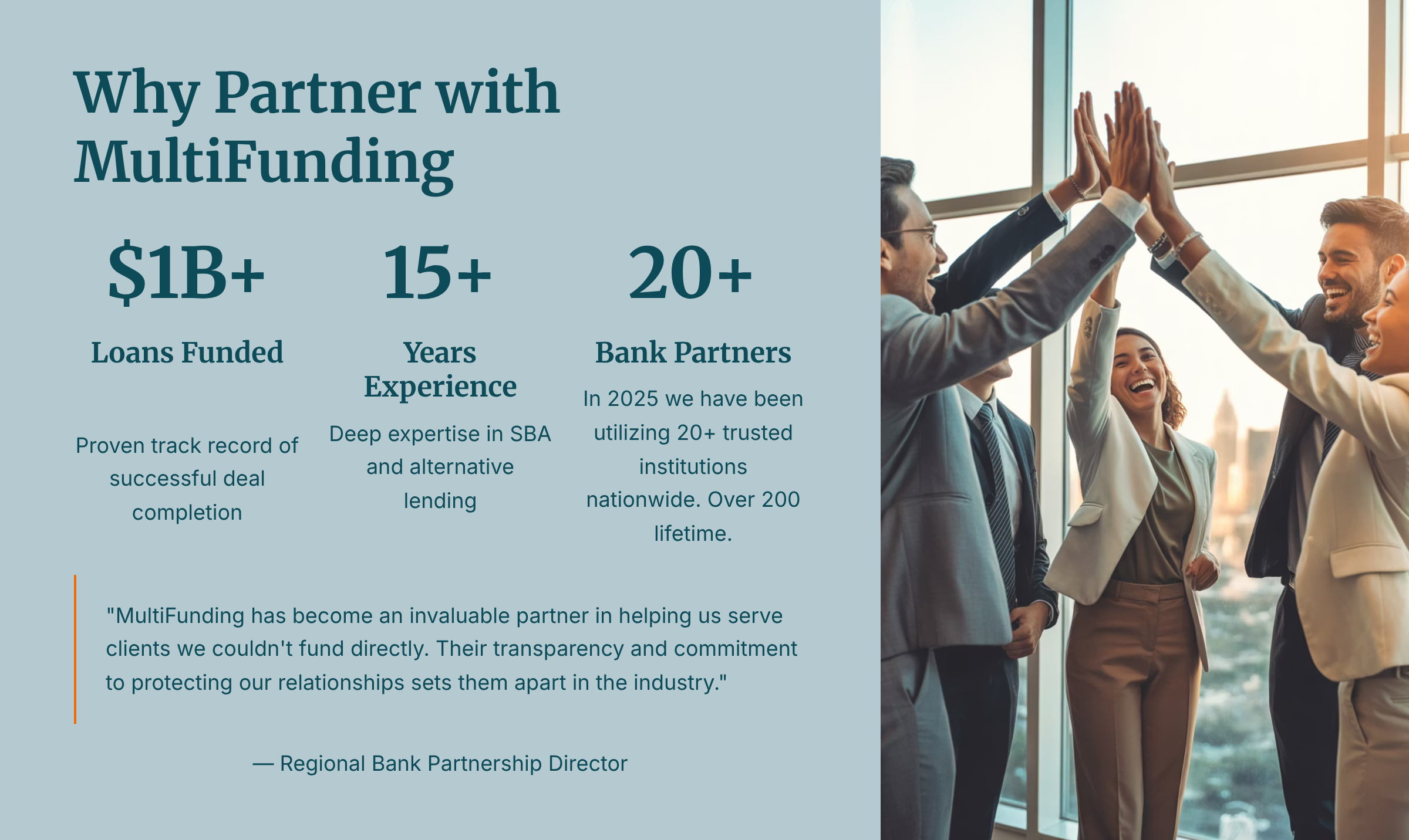 Partner with MultiFunding because we have funded over one billion dollars in loans, been in business fifeteen plus years and in 2025 we are working with about 20 lenders consistently but over 200 lifetime,